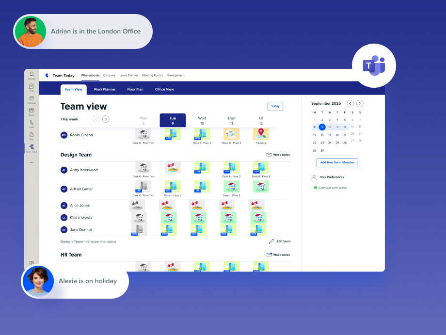 Team Today's team view running inside Microsoft Teams, with status pills for Adrian and Alexia