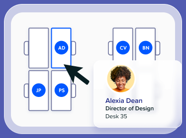 An interactive floor plan with Alexia Dean booked onto Desk 35