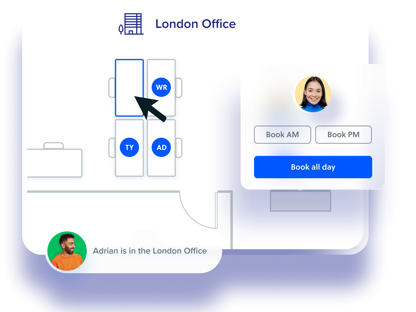 Interactive desk booking floor plan of the London office