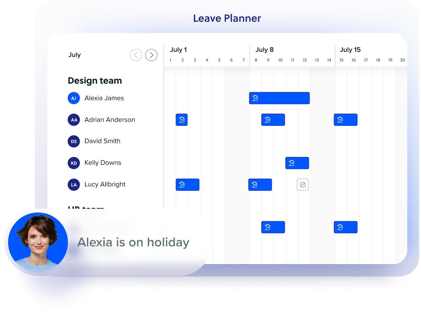 Leave planner showing team holidays