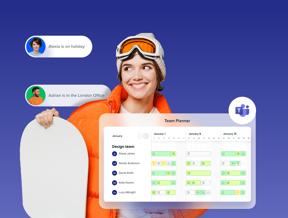 Snowboarder on holiday alongside the team planner showing who is off in January