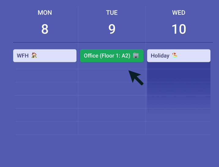 A week view showing WFH, office and holiday days